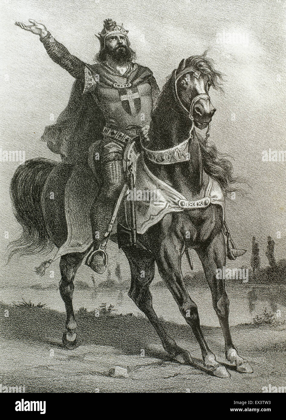 Ferdinando III (c.1201-1252), chiamato Ferdinando il santo. Re di Castiglia e Leon. Ferdinando III a cavallo. Incisione in Spagna Storia illustrata da R. del Castillo, xix secolo. Foto Stock