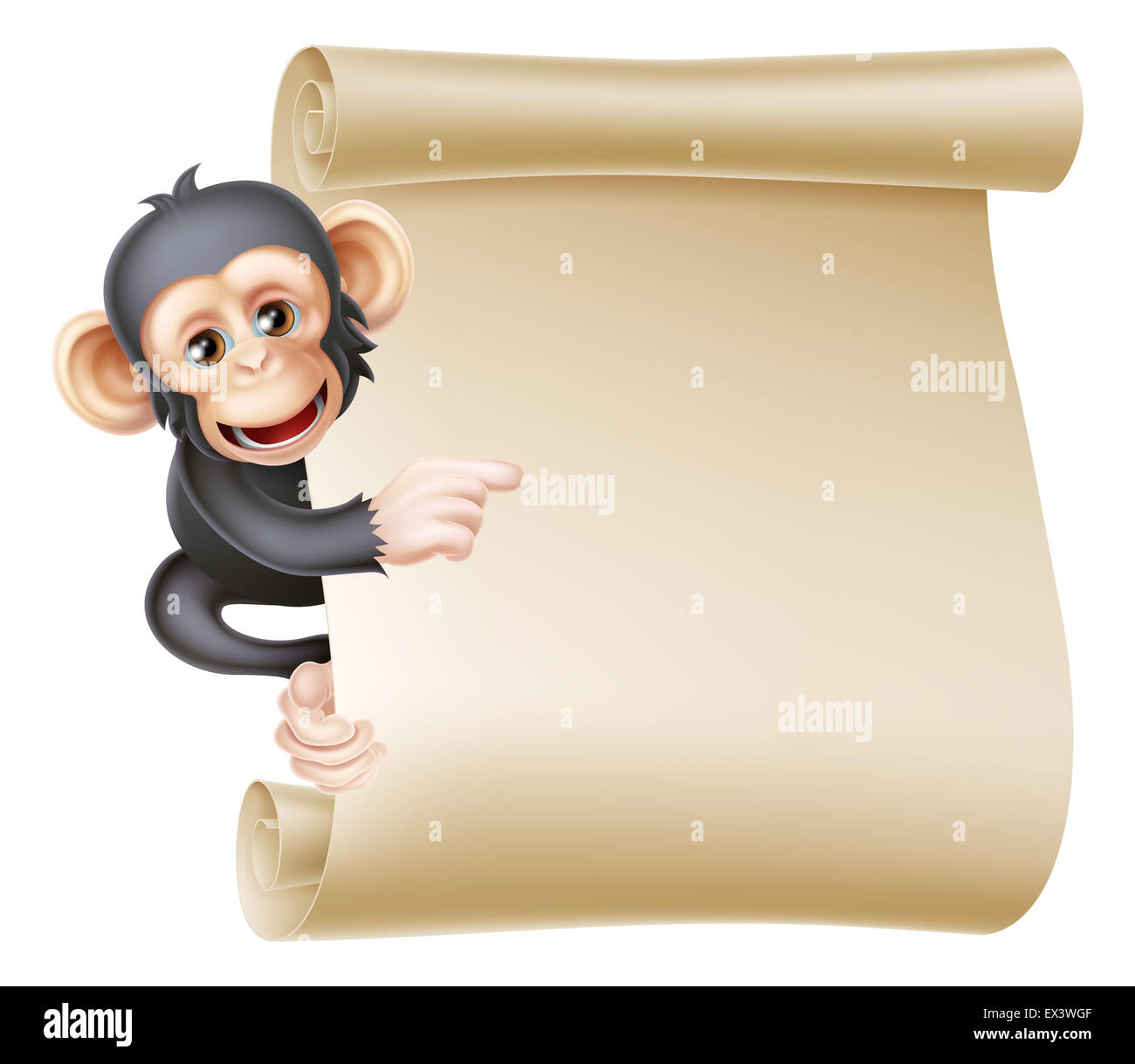 Cartoon carino scimmia scimpanzé come mascotte di carattere peeking intorno a scorrere banner firmare e che puntano ad esso Foto Stock