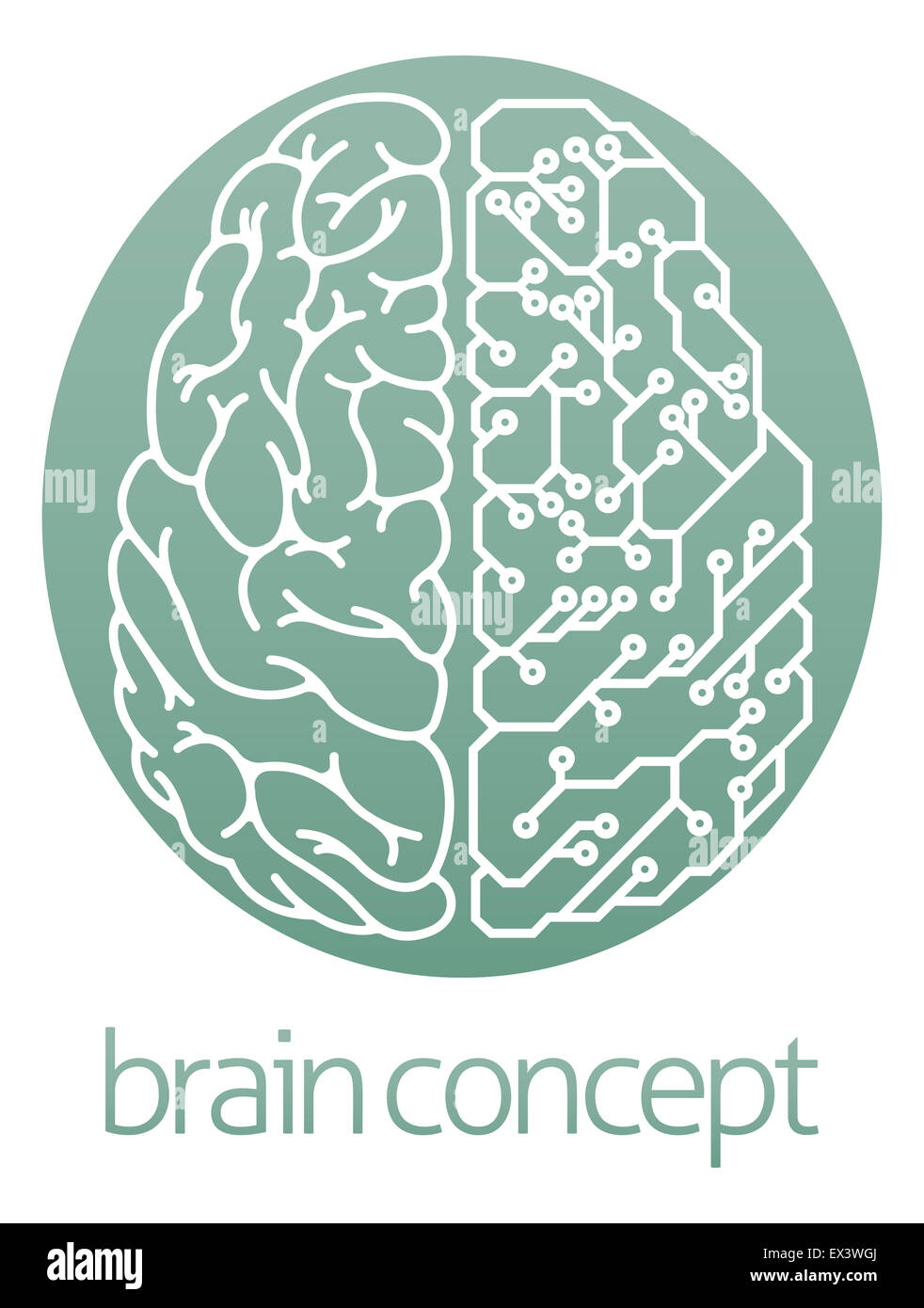 Una illustrazione astratta di un cervello a metà circuito elettrico di bordo cerchio concept design Foto Stock