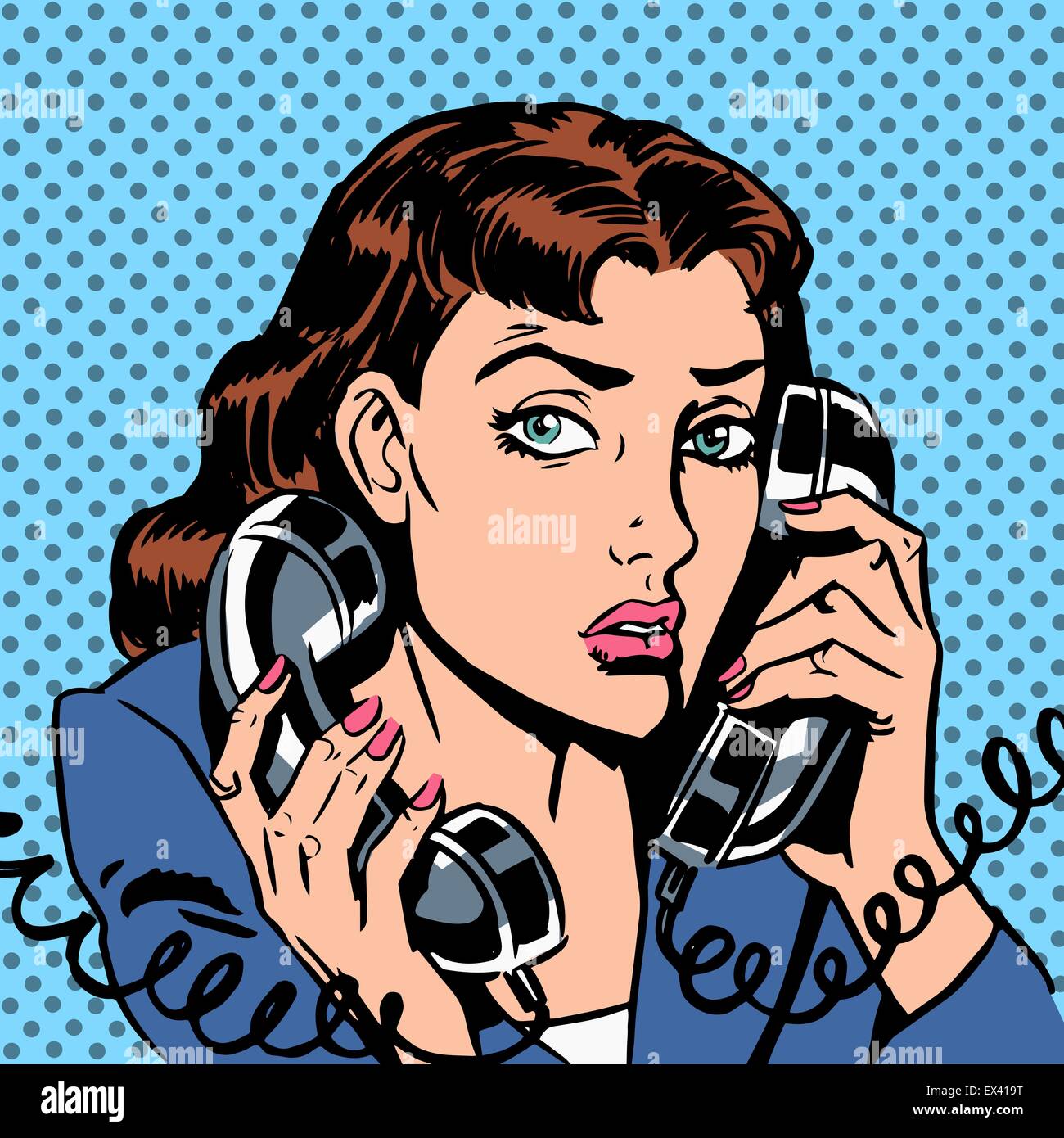 Mercoledì girl su due telefoni che eseguono bond Segretario Office Manager. Il direttore risponde al telefono sollecitazione di carico Illustrazione Vettoriale