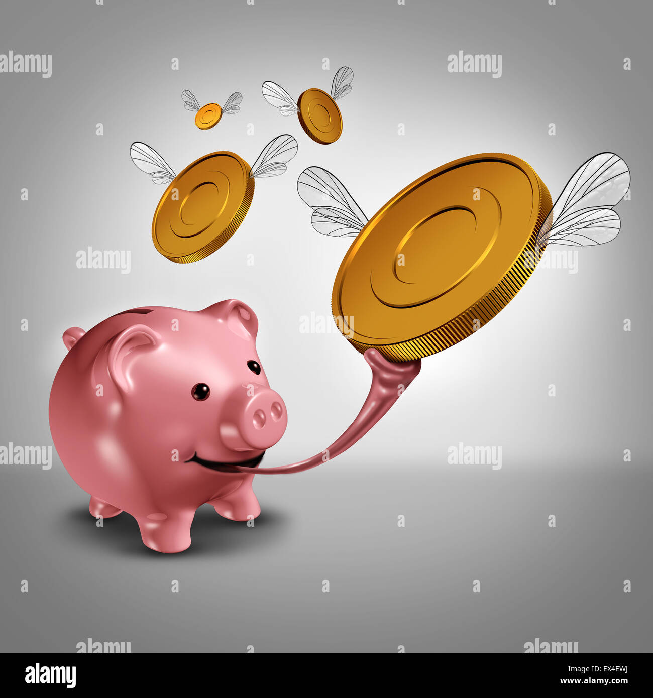 Strategia di risparmio e di aumentare i guadagni finanziari come il concetto di un salvadanaio con una lunga lingua di rana cattura alato di moneta in oro monete in aria come una metafora di denaro per il bilancio di successo. Foto Stock