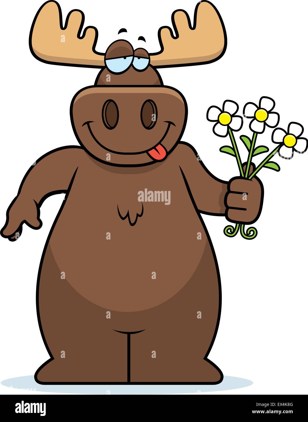 Un felice cartoon moose con un bouquet di fiori. Illustrazione Vettoriale