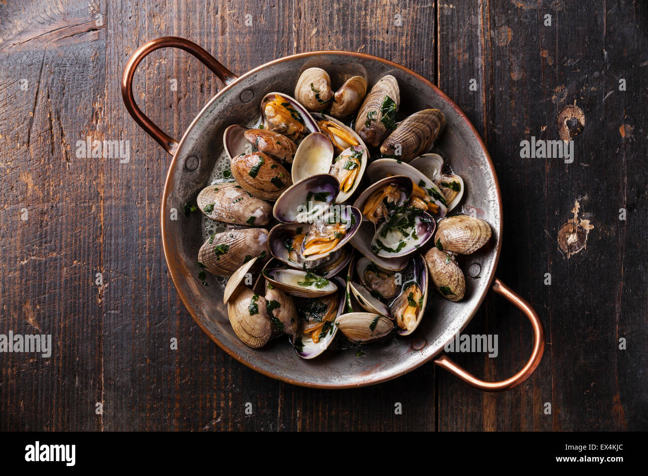 Gusci vongole vongole in rame piatto di cottura su scuro dello sfondo in legno Foto Stock