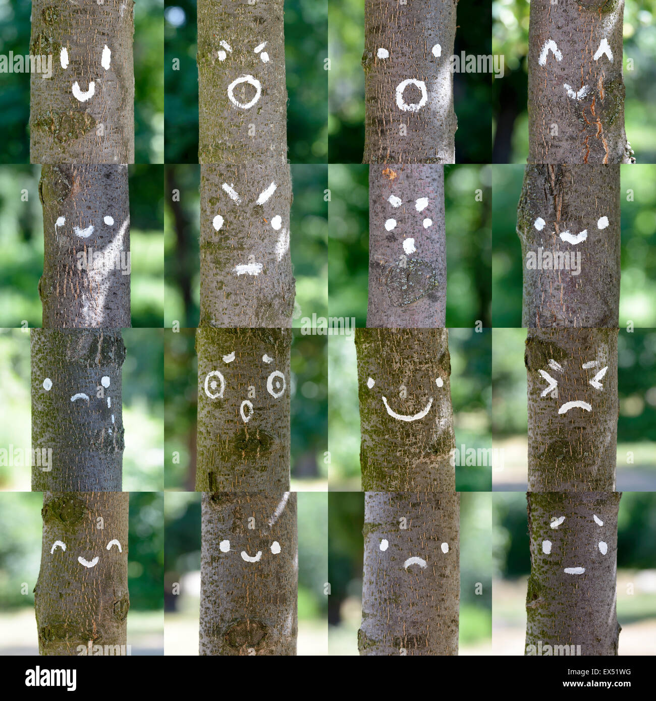 Una raccolta di vari smileys dipinta su tronchi di alberi Foto Stock