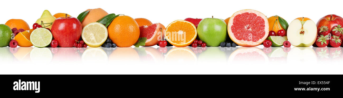 Frutti delle arance di frontiera limone apple berry Lampone Mirtillo Fragola in una riga Foto Stock