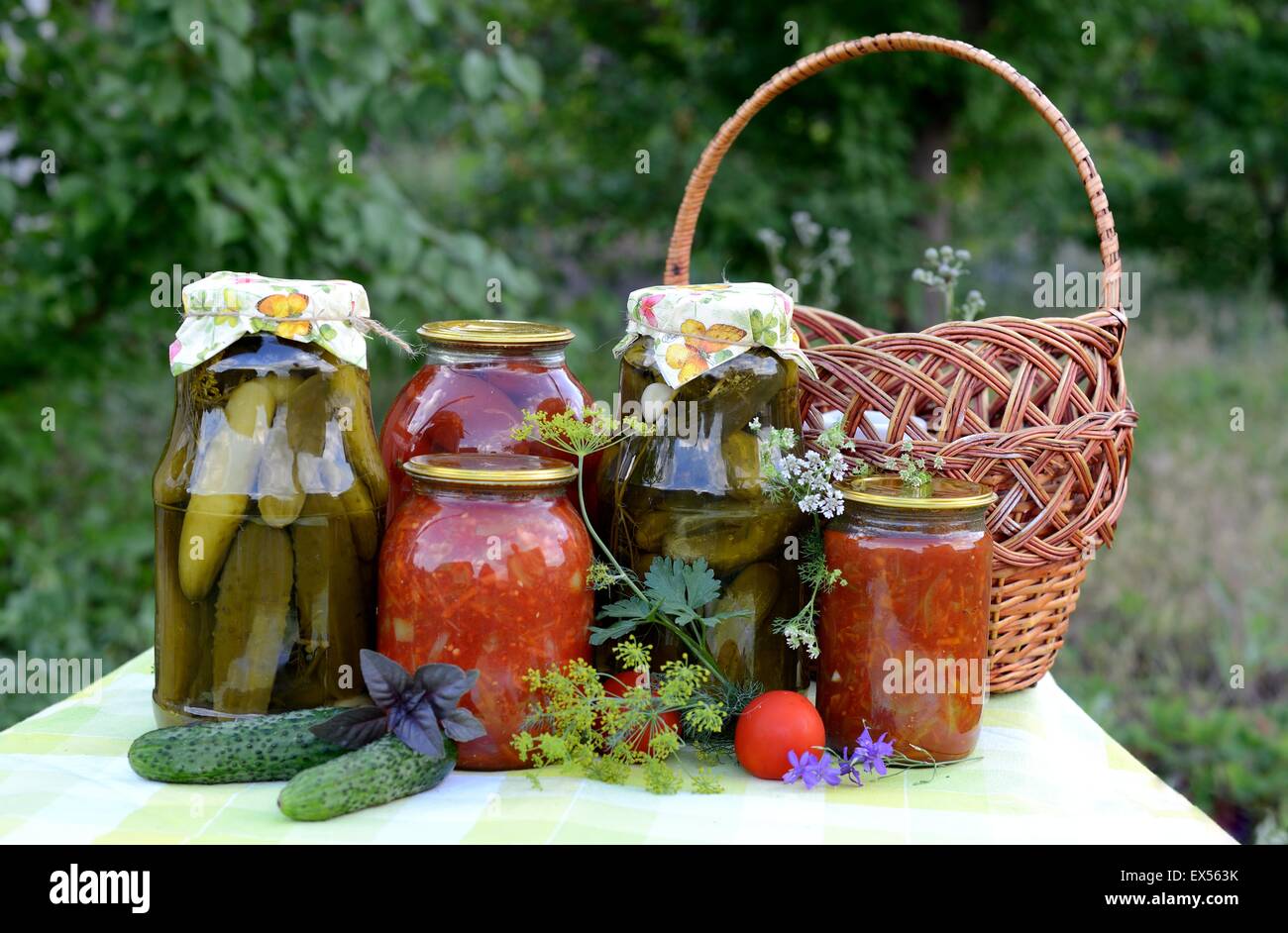 Conserve fatte in casa (cetrioli e pomodori, insalata di verdure) con giardino come sfondo. Foto Stock