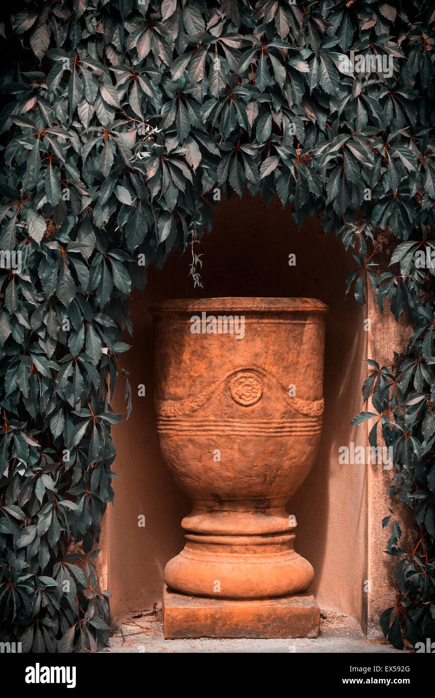 Urna di terracotta in dettaglio il giardino italiano rinascimentale in Hamilton Botanic Gardens, Nuova Zelanda. Altered digitalmente le foglie Foto Stock