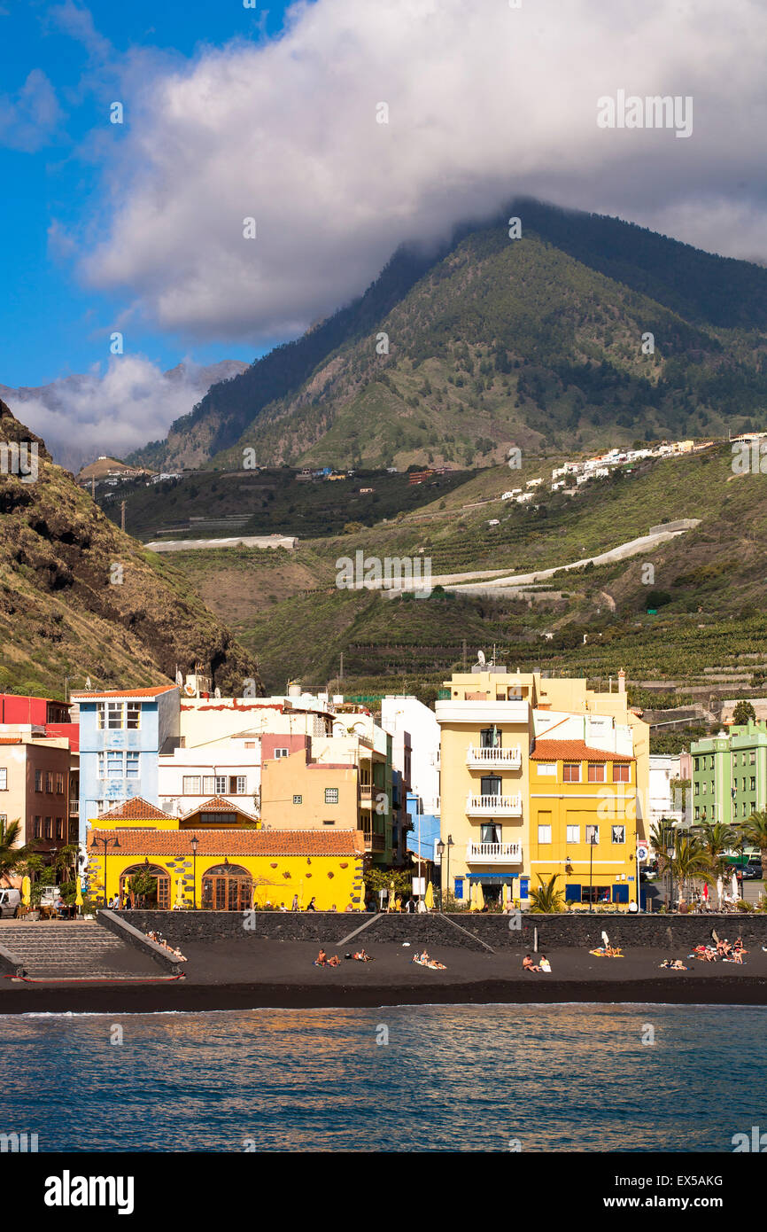 ESP, Spagna, Canarie, l'isola di La Palma, Puerto de Tazacorte presso la west coast, spiaggia di lava. ESP, Spanien, Kanarische Foto Stock