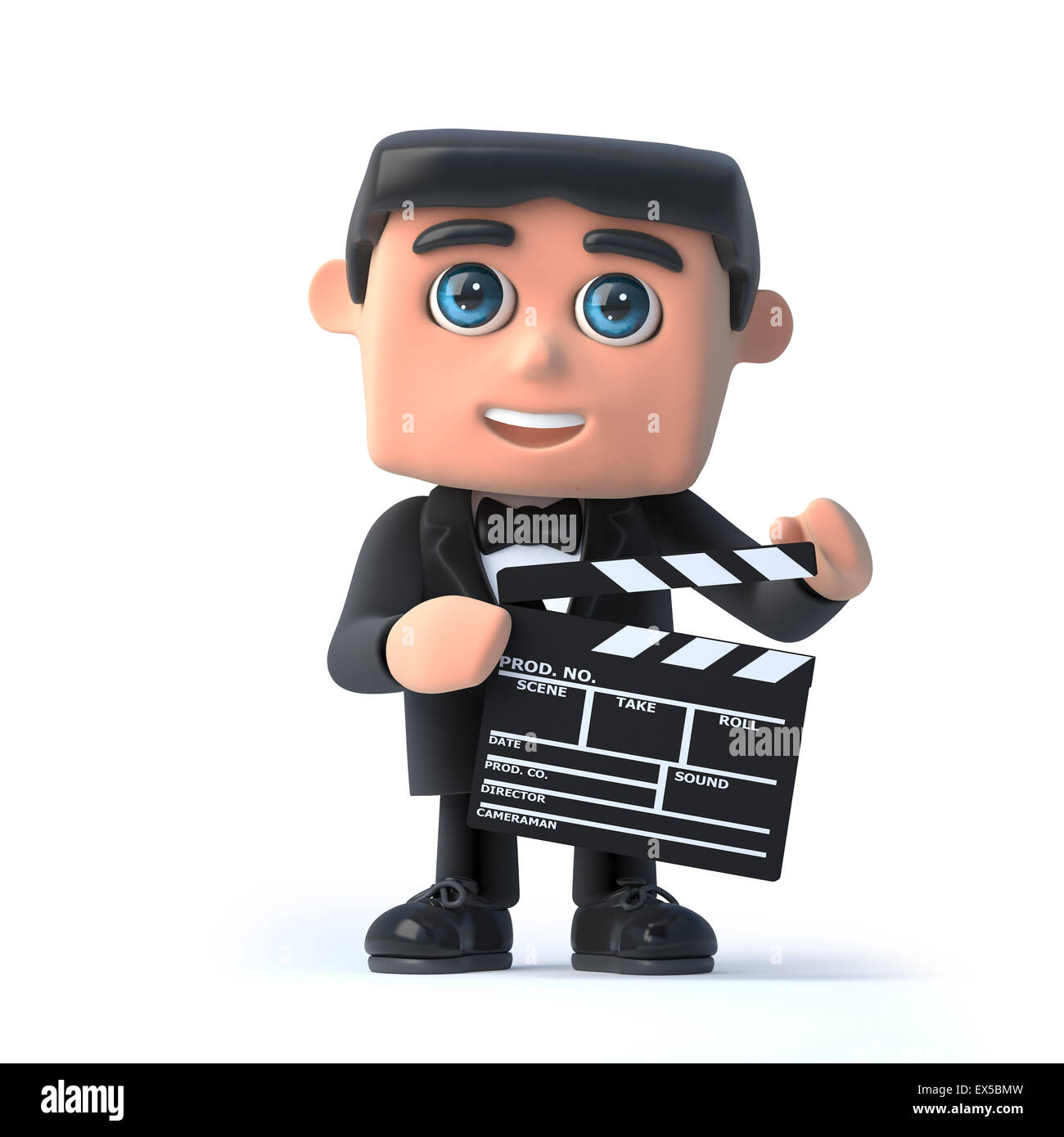 3D rendering di un uomo in smoking e farfallino tenendo un clapperboard Foto Stock