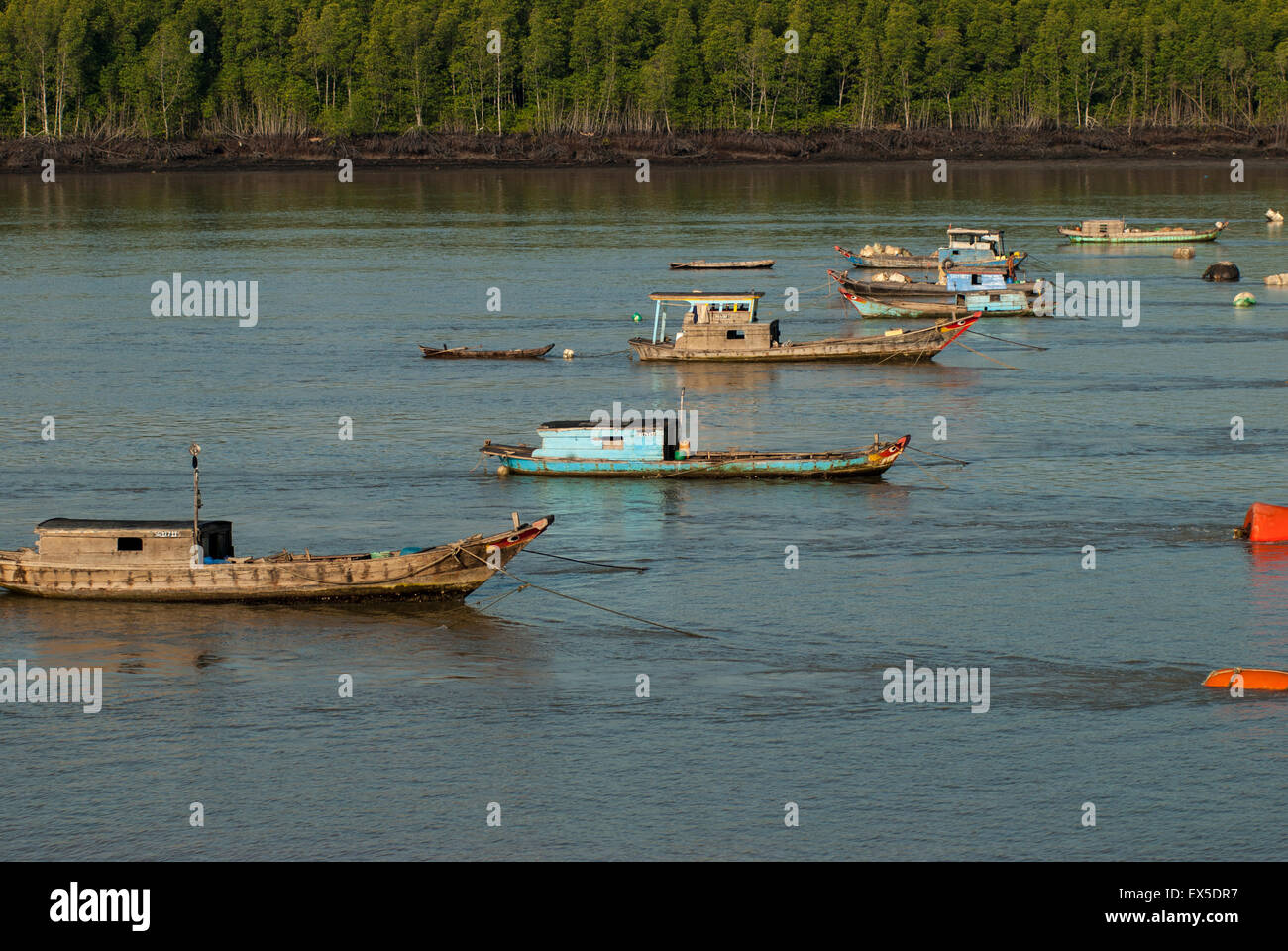 Barche da pesca nel fiume Saigon vicino a Ho Chi Minh City, Vietnam Foto Stock