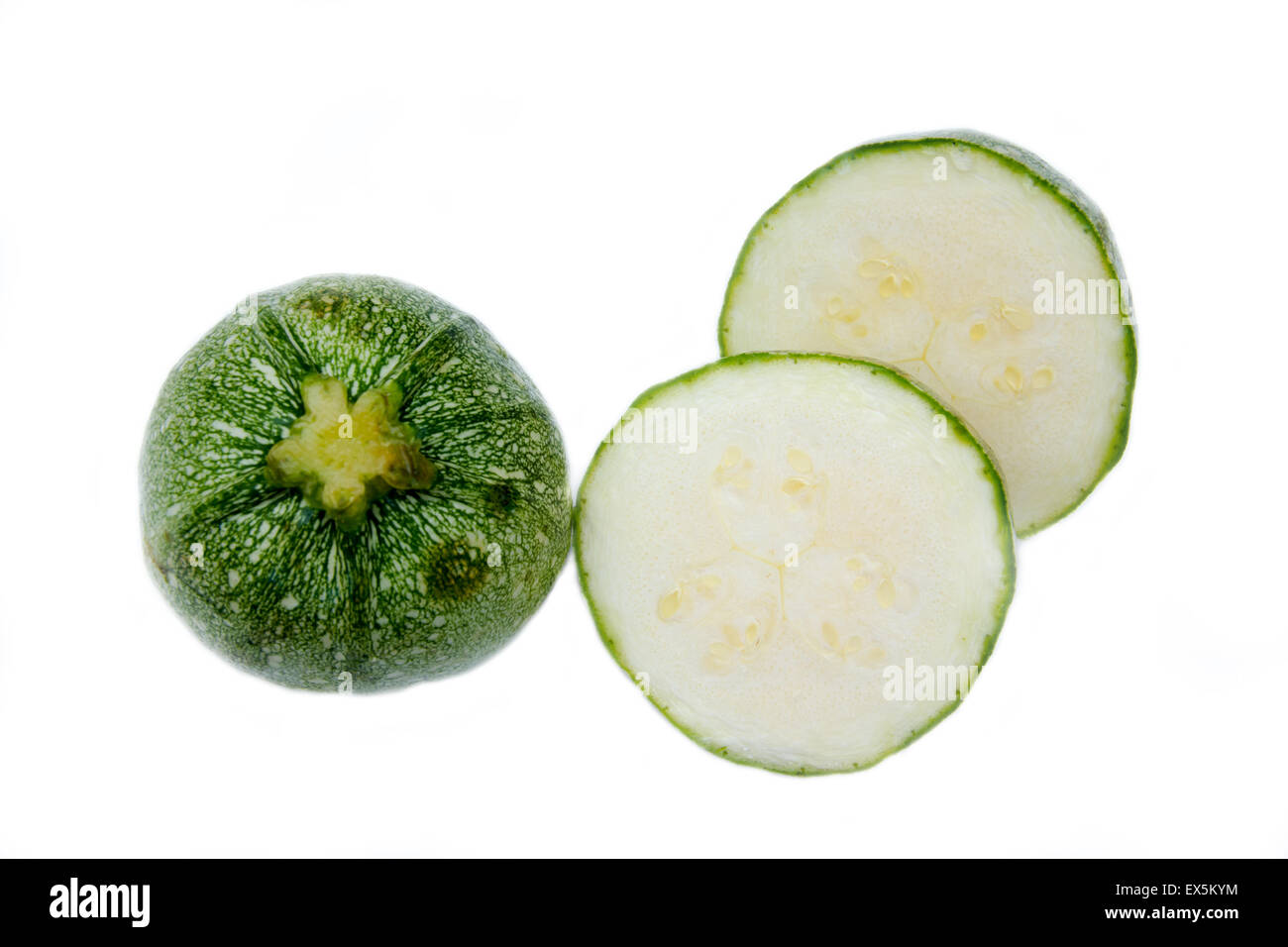 Zucchine rotonde su uno sfondo bianco visto da sopra Foto Stock