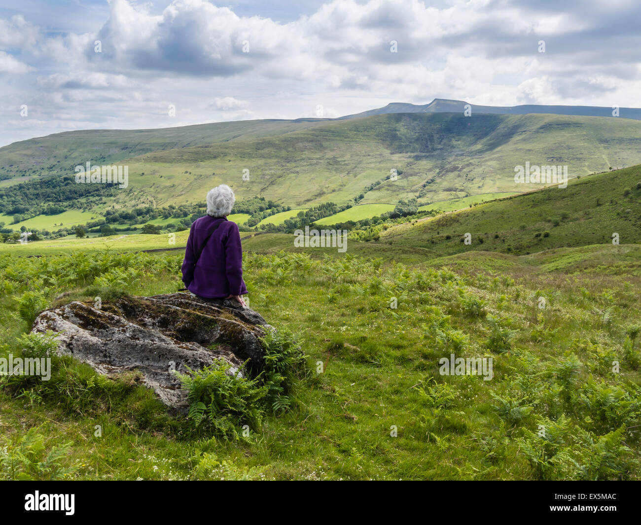 Le donne sedute guardando una vista di Pen y la ventola e il mais Du montagne del Parco Nazionale di Brecon Beacons, Powys, Wales, Regno Unito Foto Stock