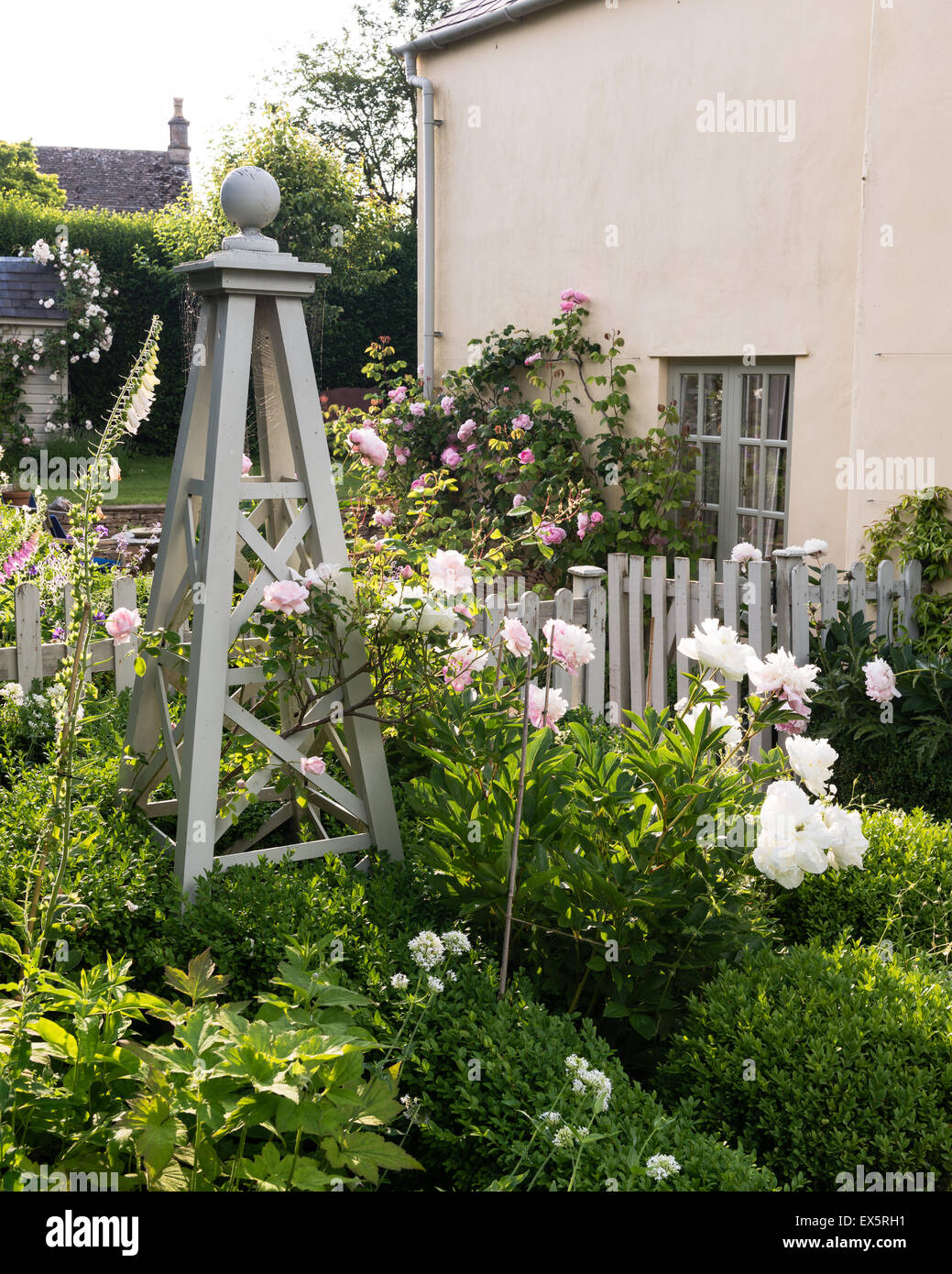 Impianto stand in giardino cottage con rose e siepe di bosso Foto Stock