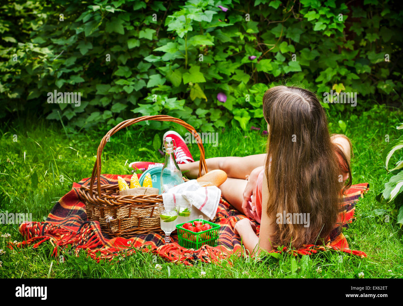 Ragazza giovane su un picnic con un paniere di prodotti alimentari Foto Stock