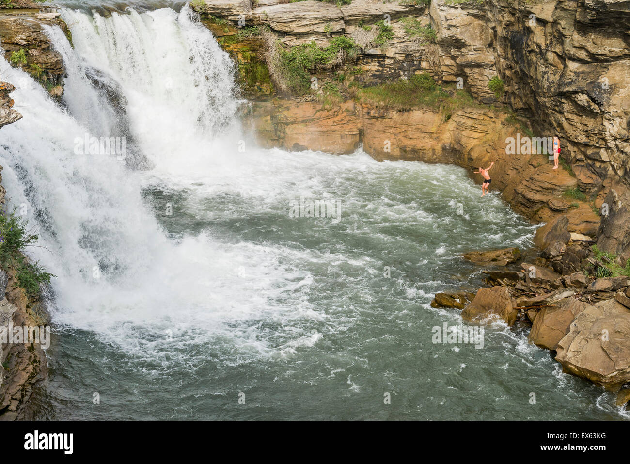 Cliff jumper a Lundbreck cade sul fiume Crowsnest, , provinciale di Alberta Area ricreativa, Crowsnest Pass Regione, Alberta, C Foto Stock