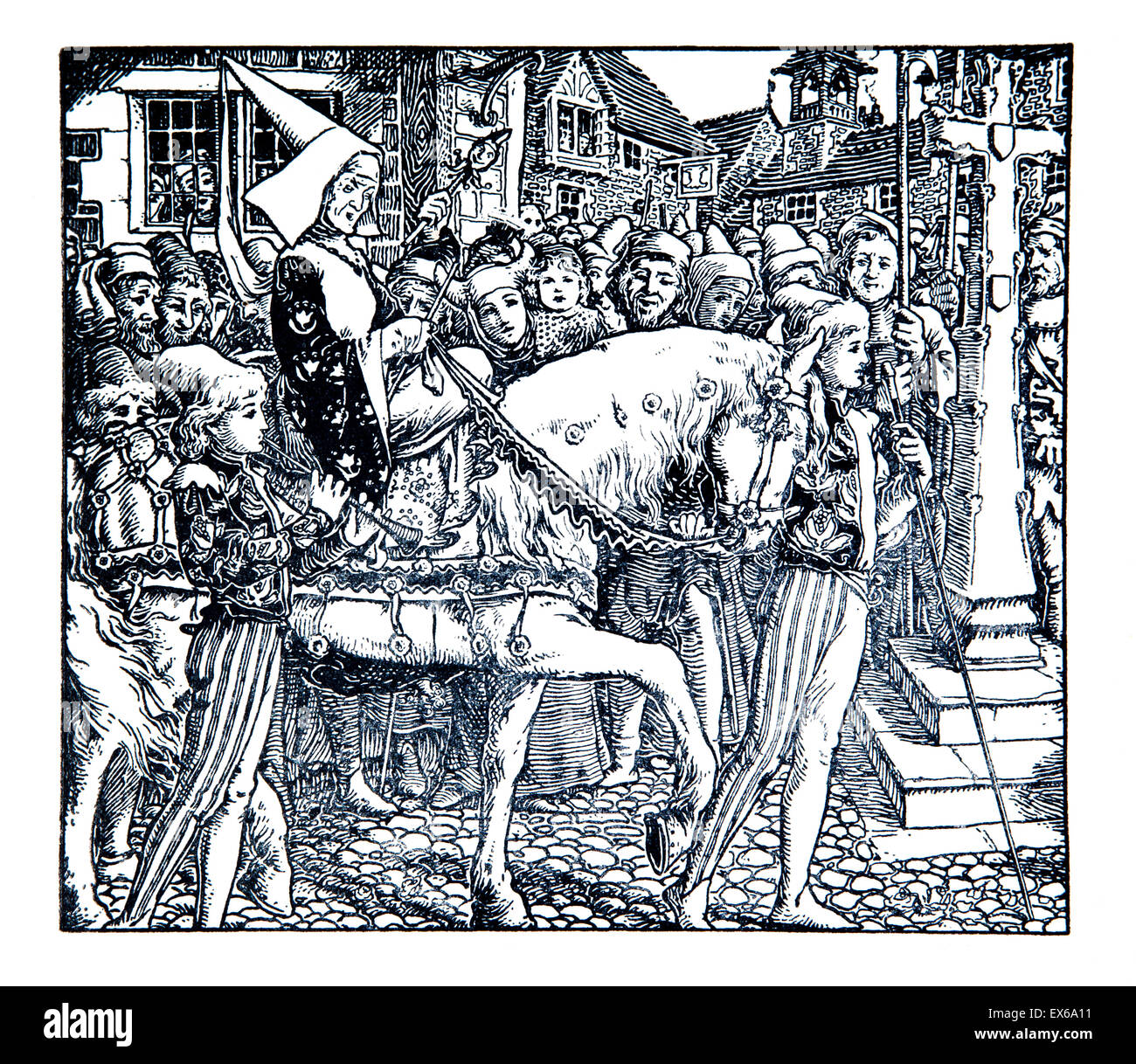 Vecchia donna in costume medievale trasformazione attraverso la città a cavallo 1895 Illustrazione di linea da Paolo nome Woodroffe, Filastrocche Foto Stock