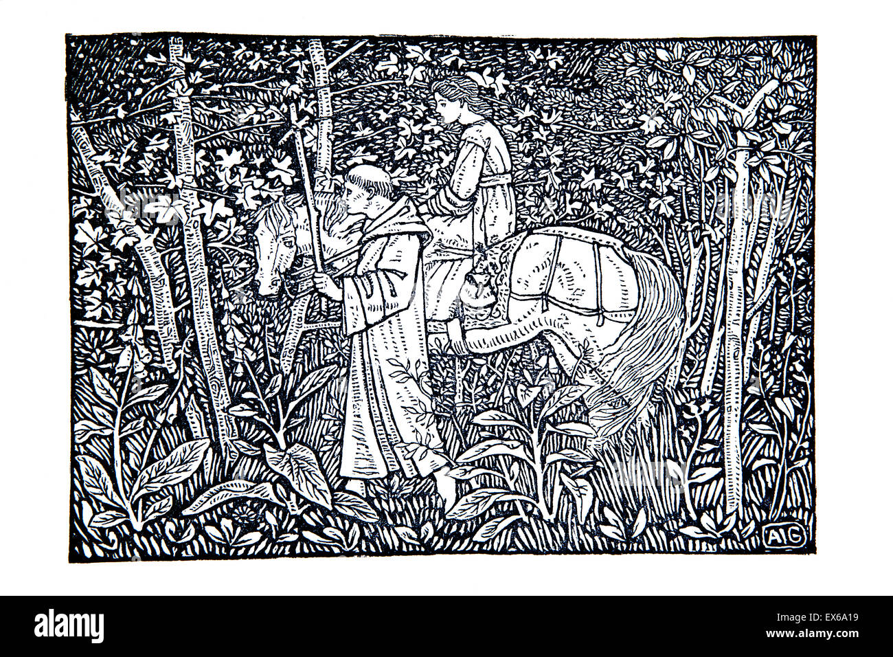 Monaco donna leader a cavallo attraverso la foresta, illustrazione da Arthur Gaskin da Hans Anderson 1893 Foto Stock