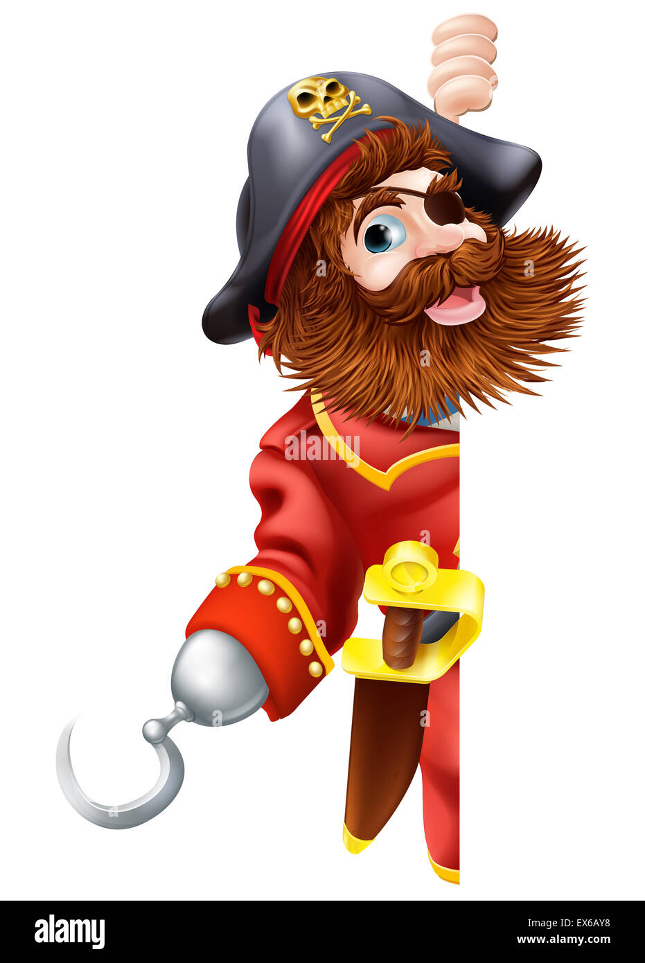 Pirate personaggio dei fumetti con la spada e il gancio guardando intorno un segno Foto Stock