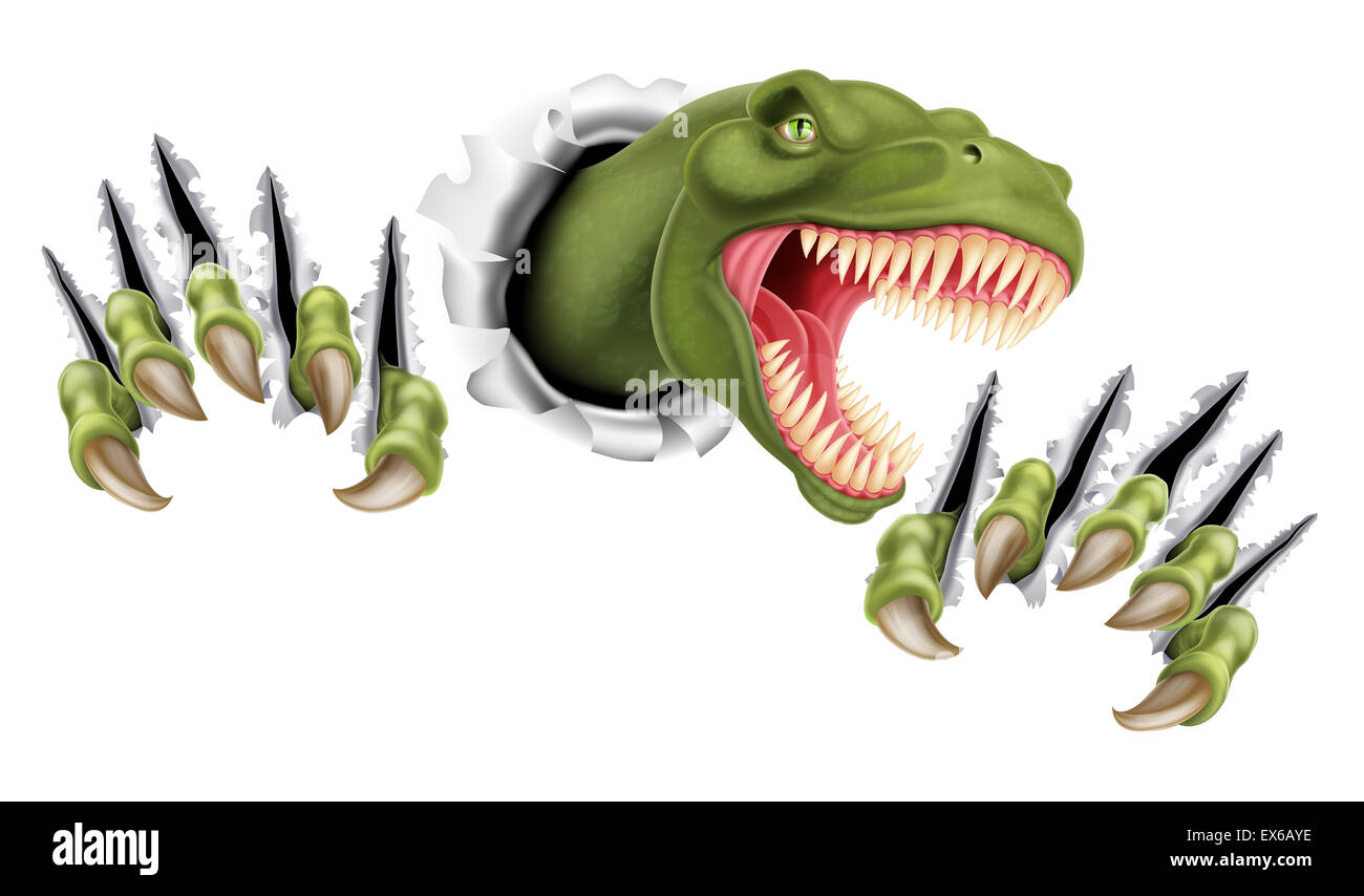 Un Tirannosauro Rex T Rex dinosauro graffiare, rip e lacerazione dello sfondo con i suoi artigli Foto Stock