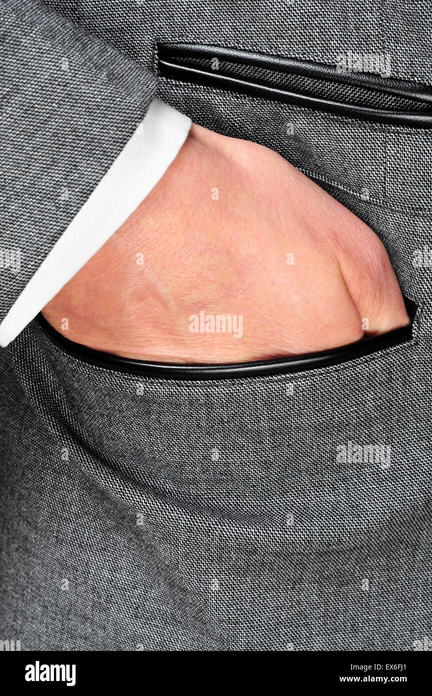 Dettaglio di un uomo che indossa una giacca grigia suit Foto Stock
