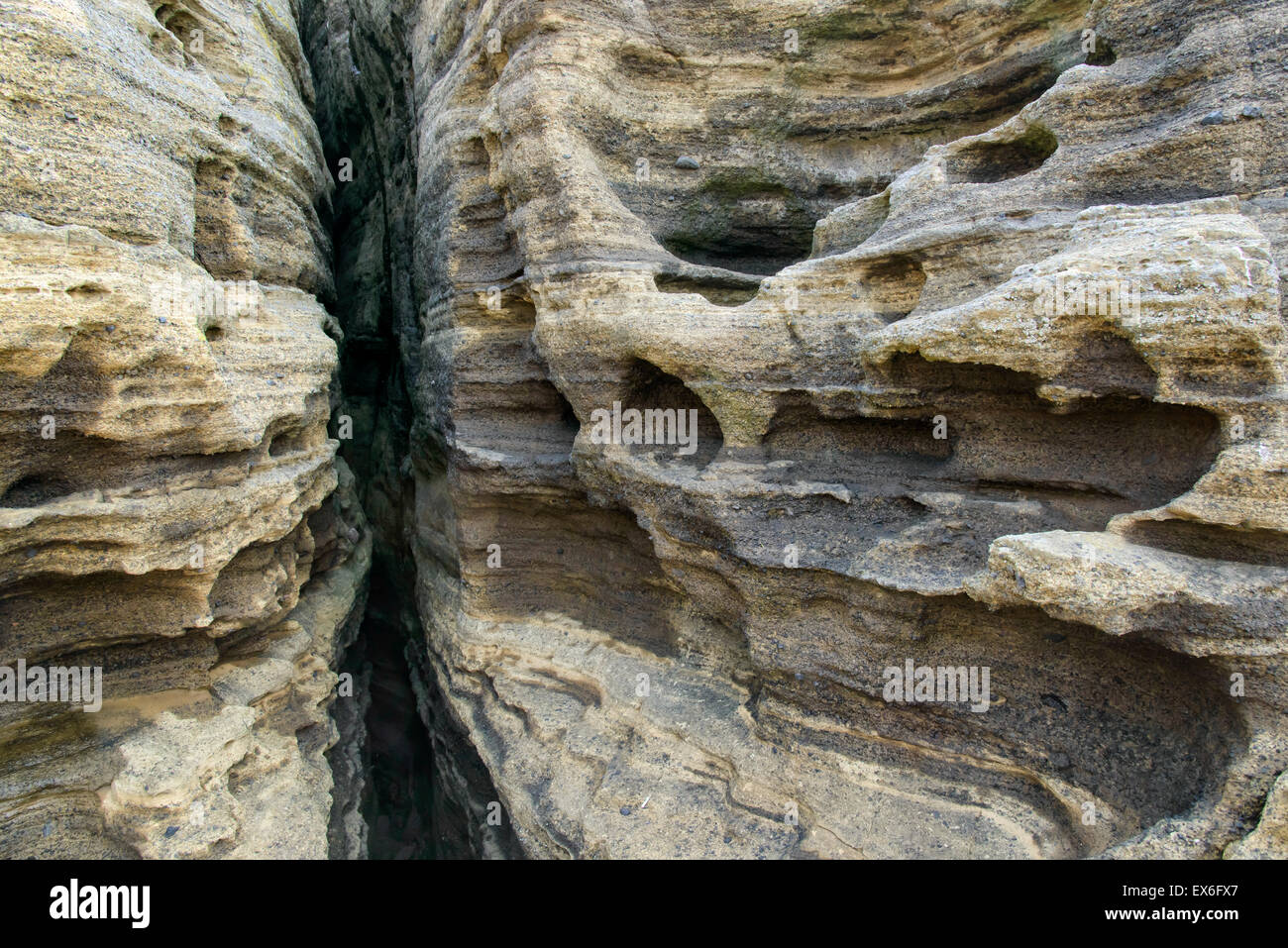 Stratificato di multistory ruvido e strane rocce sedimentarie nella famosa località turistica della costa Yongmeori(testa di drago costa) nell'Isola di Jeju. Foto Stock