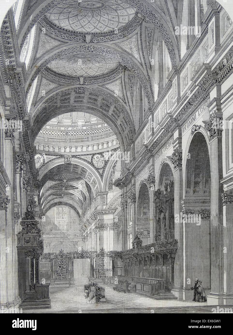 Incisione raffigurante l'interno della Cattedrale di San Paolo, mostrando il transetto orientale in primo piano. Datata 1860 Foto Stock