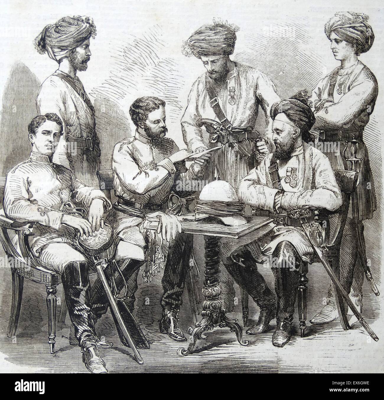 Incisione raffigurante inglesi e nativi di ufficiali di Fane cavallo di servire in Cina. Datata 1860 Foto Stock