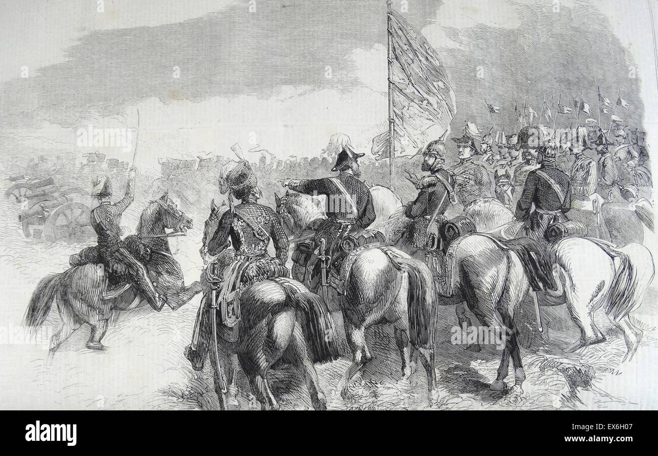 Incisione raffigurante la revisione della Royal Artillery cavallo e campo batterie a Woolwich dal Duca di Cambridge, in presenza del Granduca Michele di Russia. Datata 1860 Foto Stock