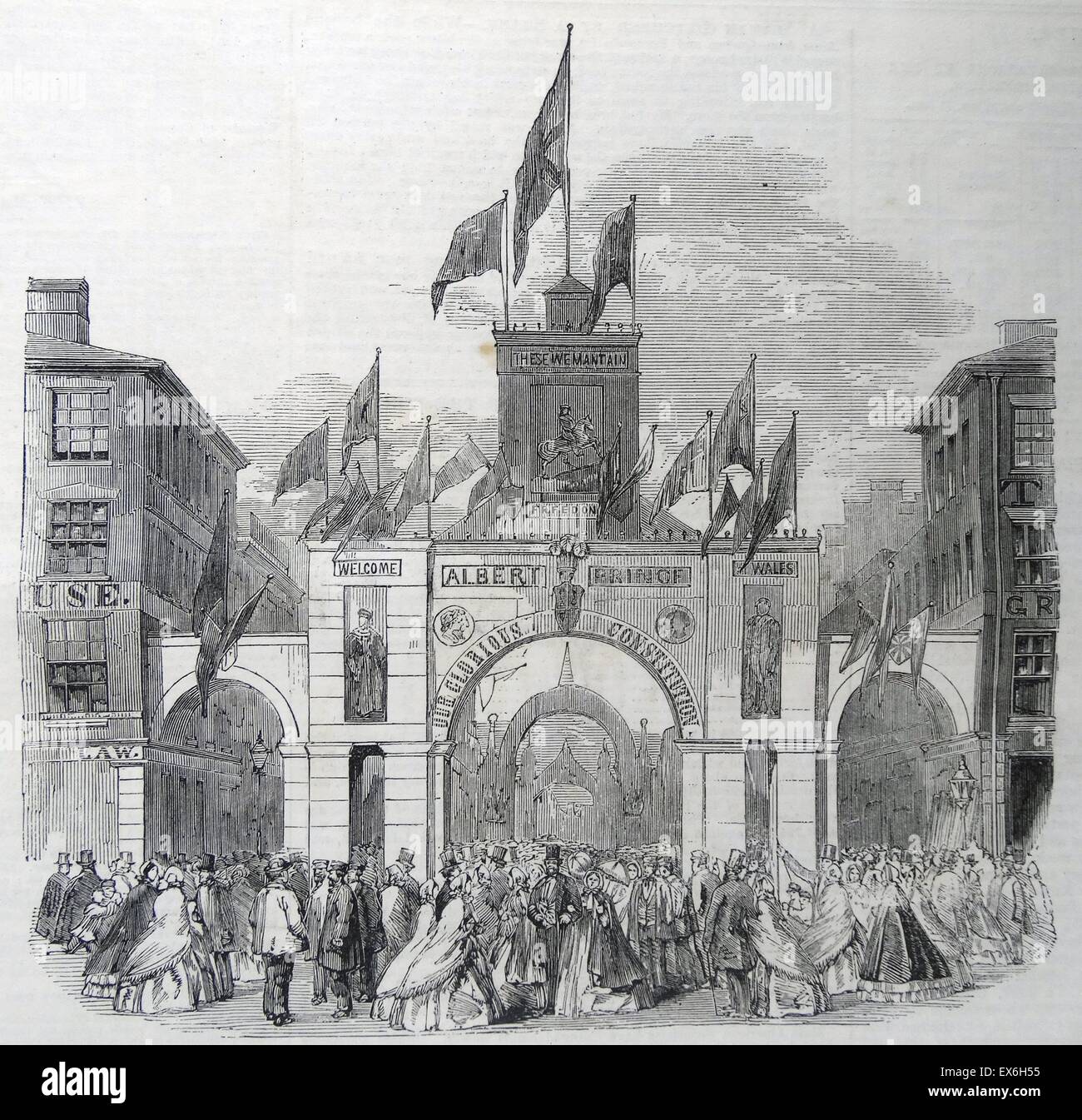 Incisione raffigurante il Principe di Galles " Visita al Orangemen's Arch a Toronto, Canada. Datata 1860 Foto Stock