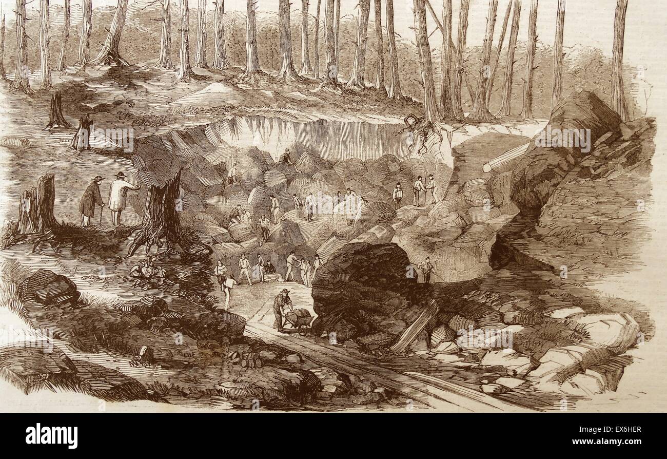 Incisione raffigurante la miniera di rame o di cava, vicino a Montreal, Canada. Datata 1860 Foto Stock