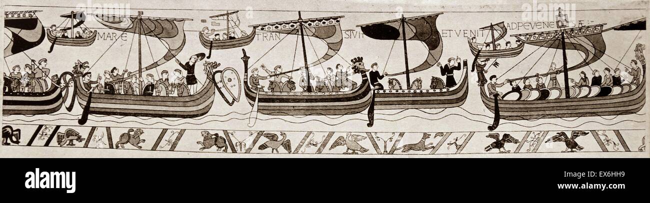 Acquatinta raffigurante Guglielmo il Conquistatore dell' invasione dell'Inghilterra (la flotta sulla strada sopra e lo sbarco a Pevensey) dall'Arazzo di Bayeux. Foto Stock