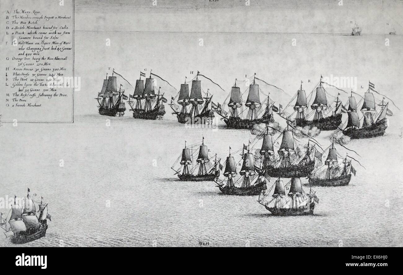 Attacco della Mary Rose azione. Il Mary Rose Windward del convoglio di guida off sei Algerines. Attaccato da W. Hollar. Datata 1669 Foto Stock
