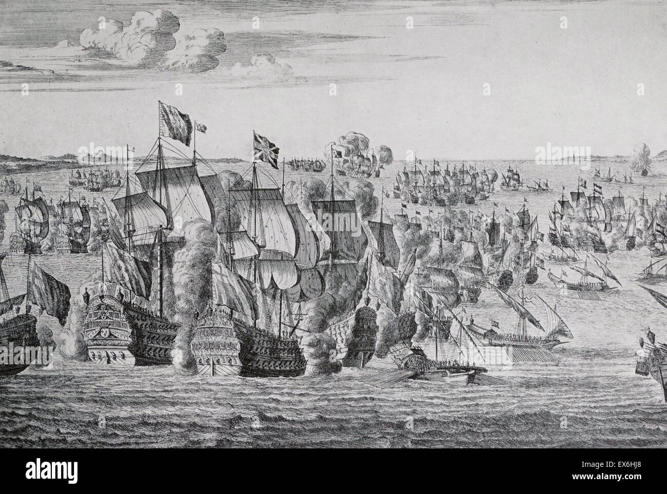 La linea di incisione della battaglia di Malaga. Sir George Rooke nel Royal Katherine. Originale da I. produttore di veli. Datata 1704 Foto Stock
