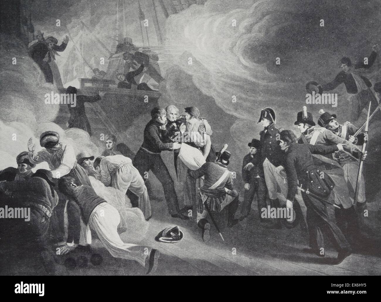 Mezzatinta della Battaglia di Trafalgar con Nelson essendo portati qui di seguito. Stampare da J. Walker. Datata 1805 Foto Stock
