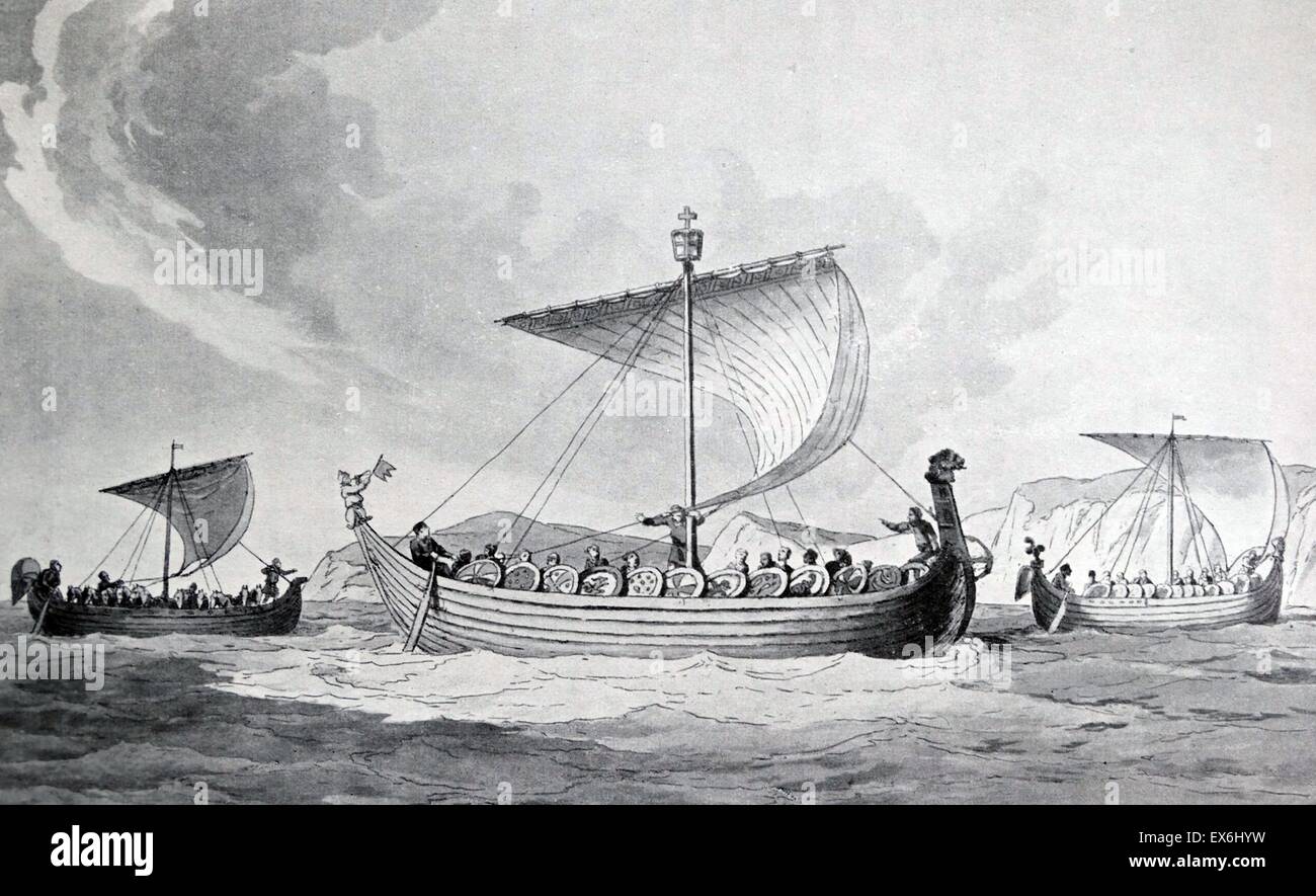 La puntasecca delle navi di Guglielmo il Conquistatore basata sull'Arazzo di Bayeux. Stampare da J. A. Atkinson. Datata 1811 Foto Stock