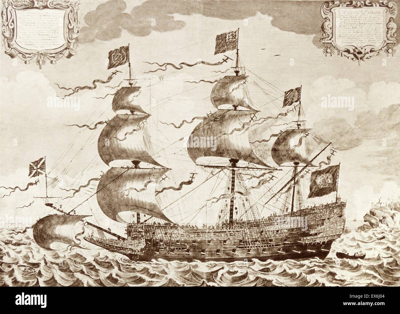 Incisione del sovrano dei mari. In seguito chiamato il Royal Sovereign. Incisi da J. Payne. Datata 1637 Foto Stock