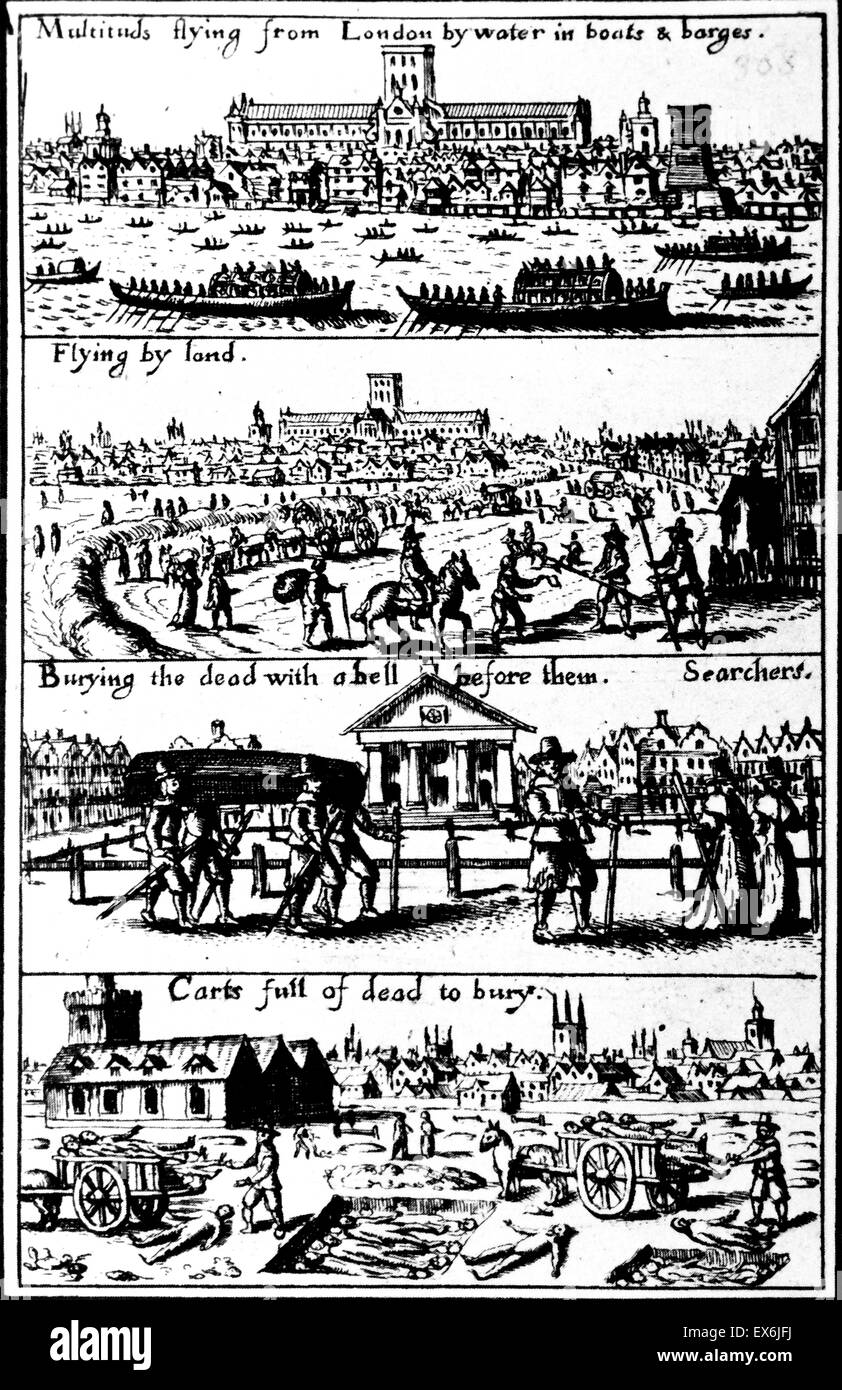 Xilografia progettato per suscitare simpatia tra i distretti del paese per coloro che hanno abbandonato la grande peste di Londra. Dall'Isola di razza, un ventesimo secolo libro che ripercorre la storia delle isole britanniche dal pre-romana all'era Vittoriana. Scritto Foto Stock