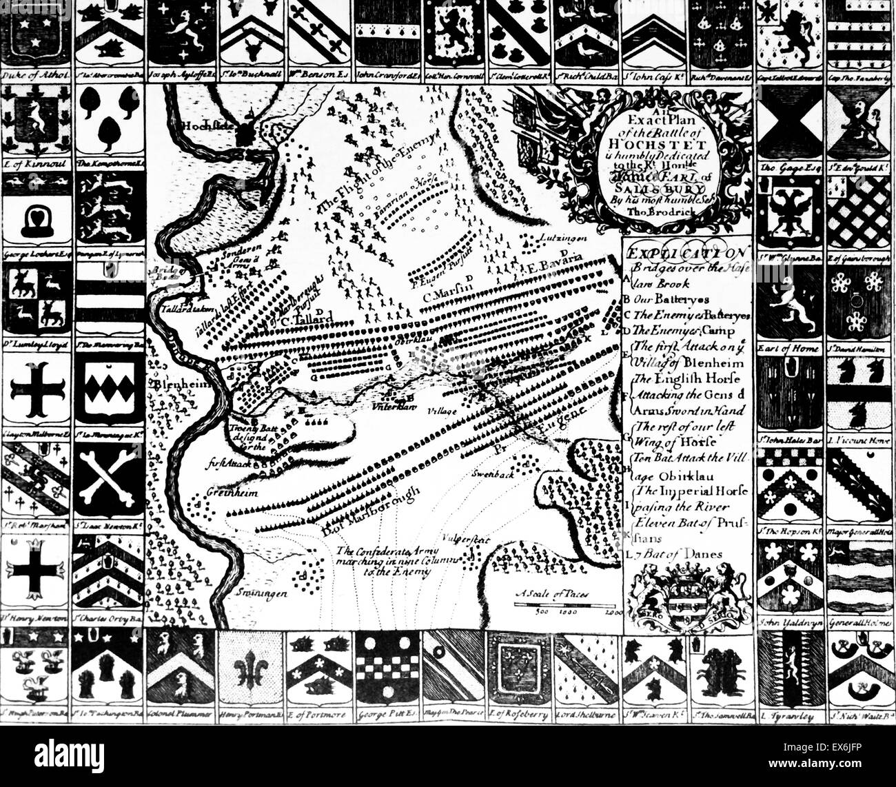 Piano di battaglia di Blenheim, 1703, da Thomas Brodrick. Dall'Isola di razza, un ventesimo secolo libro che ripercorre la storia delle isole britanniche dal pre-romana all'era Vittoriana. Scritto da Sir Winston Churchill e schematizzati da Timothy Baker. Foto Stock