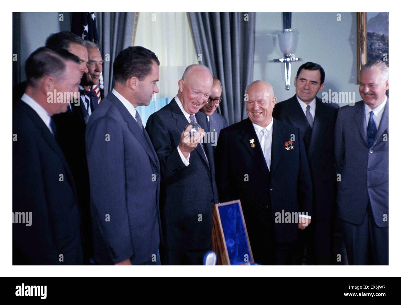 Russo leader Nikita Khrushchev negli Stati Uniti 1959 per un vertice con il Presidente Eisenhower. Foto Stock