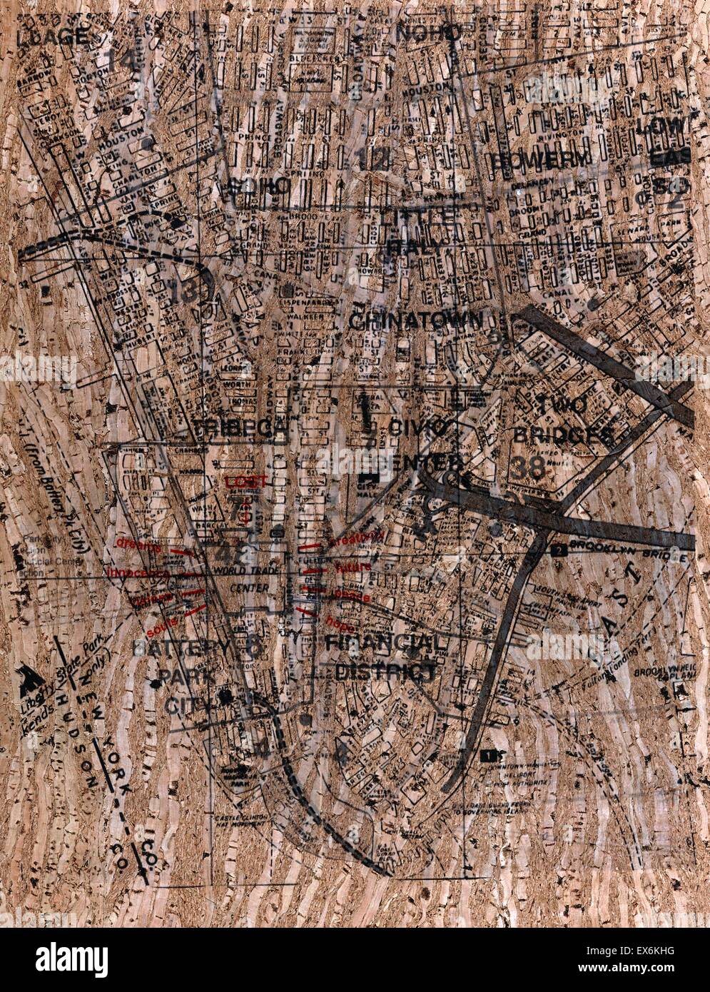 Mappa stradale che mostra il punto zero al suolo area di Lower Manhattan dopo gli attentati dell'11 settembre 2001. Creato da René Levy (1940-). Datato 2001 Foto Stock
