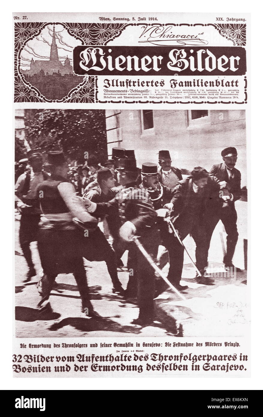 Il 5 luglio 1914 la rivista austriaca Wiener Balder porta una foto dell'arresto dell'assassino del Duca di Arco Franz Ferdinand Foto Stock