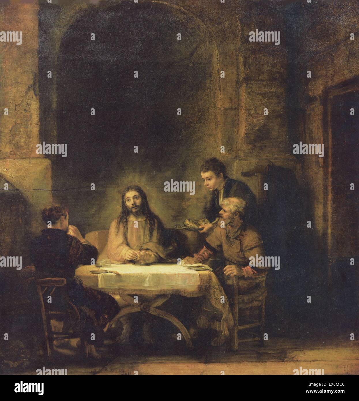 Harmenszoon Rembrandt van Rijn del dipinto intitolato " La Cena in Emmaus". Rembrandt (1606-1669) pittore olandese ed incisore olandese della Golden Age e barocco. Datata 1648 Foto Stock