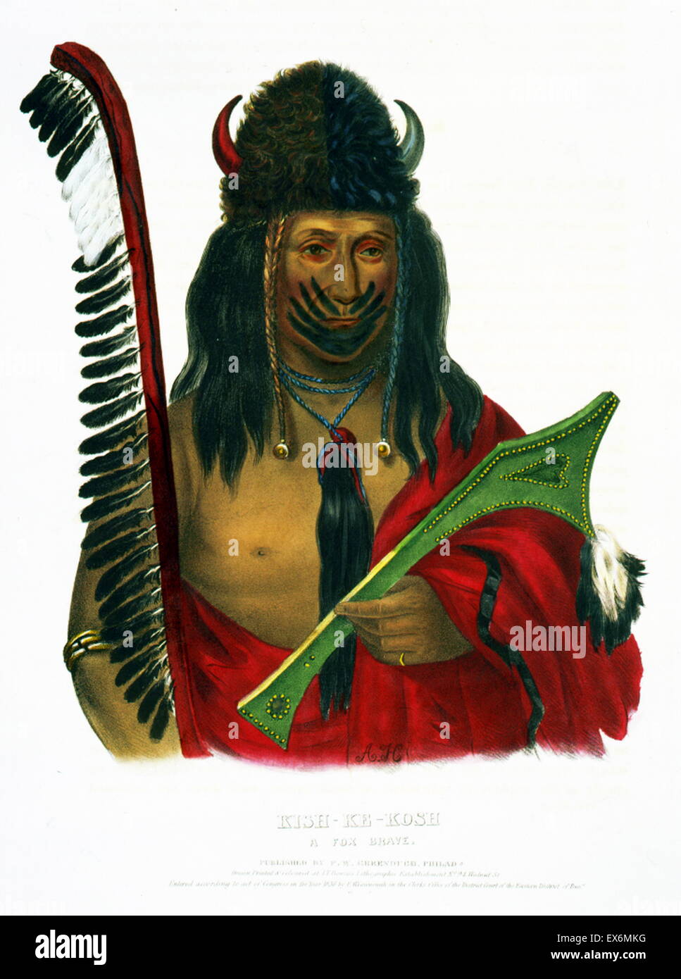 Kish-Ke-Kosh, una volpe brave, indossando un copricapo di Buffalo e coperta, tenendo un personale decorato con piume e un tipo di club. Egli non era un capo tribù ma era un uomo di spicco tuttavia come un leader di guerra. Foto Stock