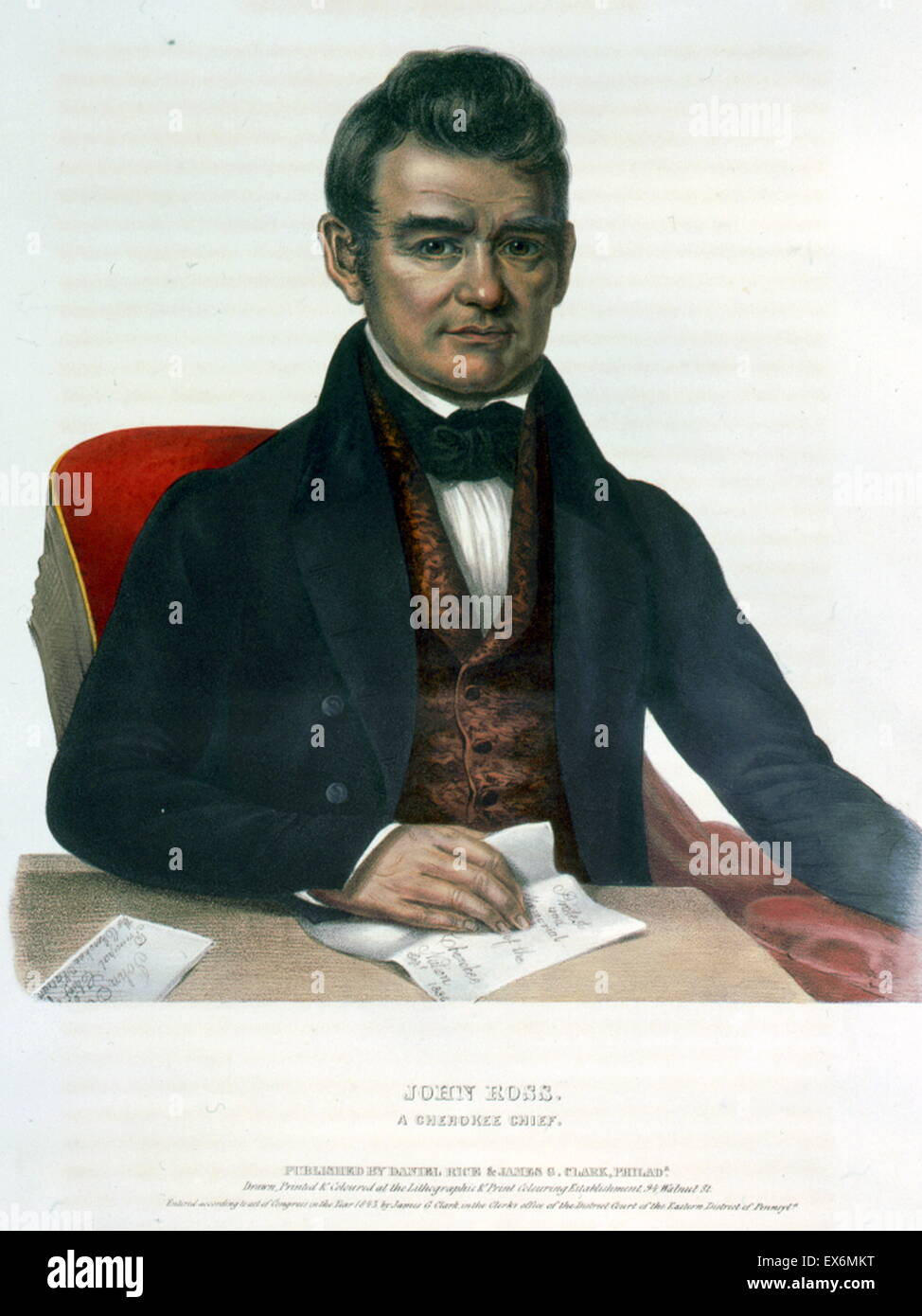 John Ross, un capo Cherokee, con la mano destra su una carta che gli stati "protesta e Memoriale della nazione Cherokee sett. 1836'. Il Cherokees sono un nativo americano tribù indigene del sud-est di stati d'America. Foto Stock