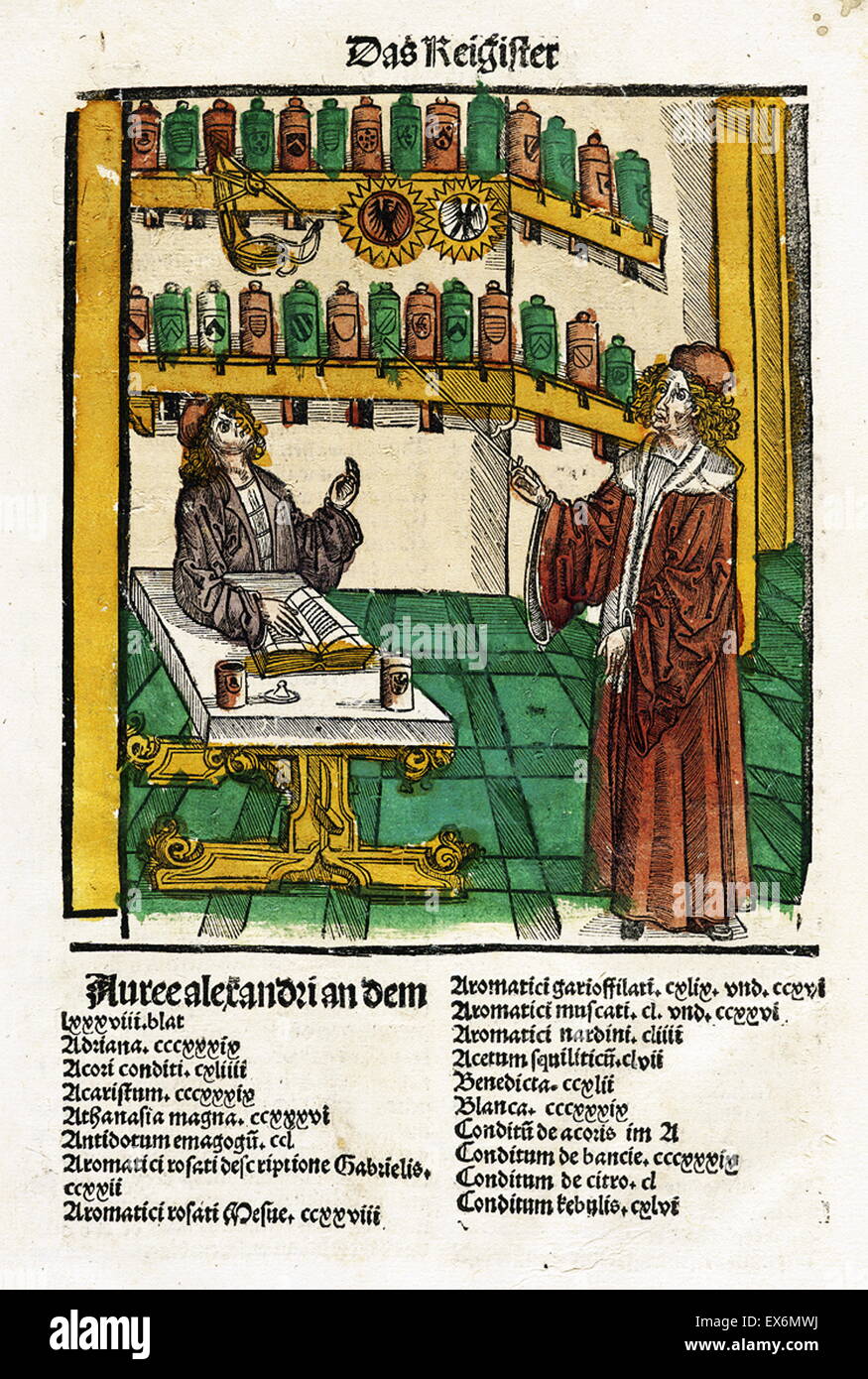 Illustrazione di un farmacista lessonHieronymus Brunschwig, il Liber de Arte Distillandi de Compositis, 1512 Foto Stock