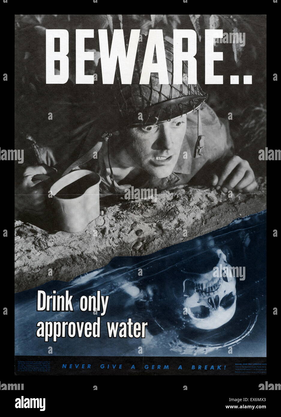 1944 American seconda guerra mondiale poster soldati di avvertimento per essere consapevoli dell'acqua contaminata nelle giungle di asia Foto Stock