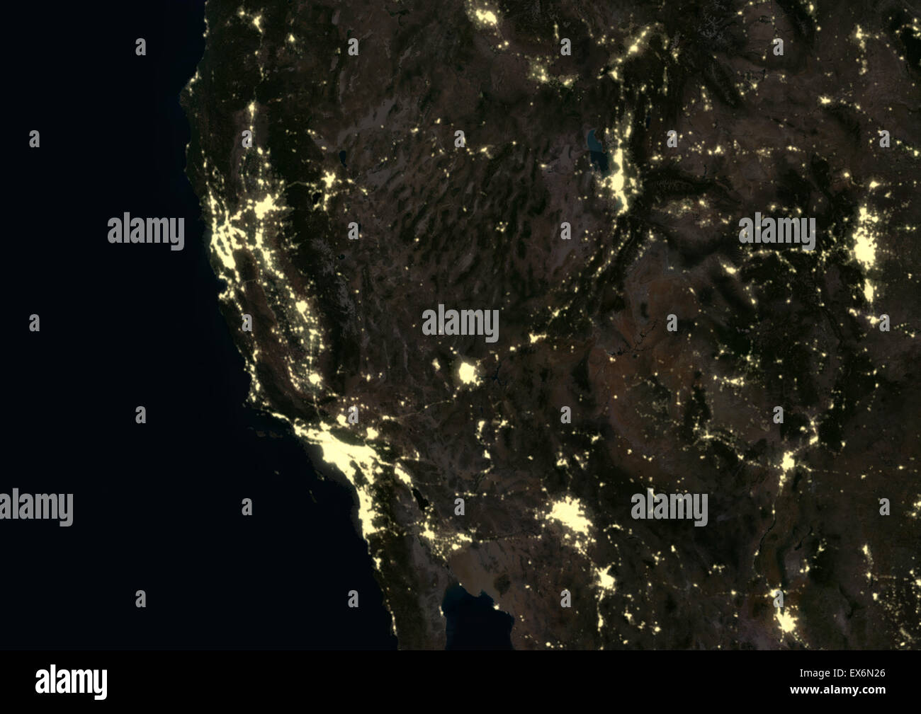 US West Coast di notte nel 2012, raffiguranti San Francisco, Los Angeles, Phoenix, Las Vegas, Salt Lake City e Denver. Questo Foto Stock