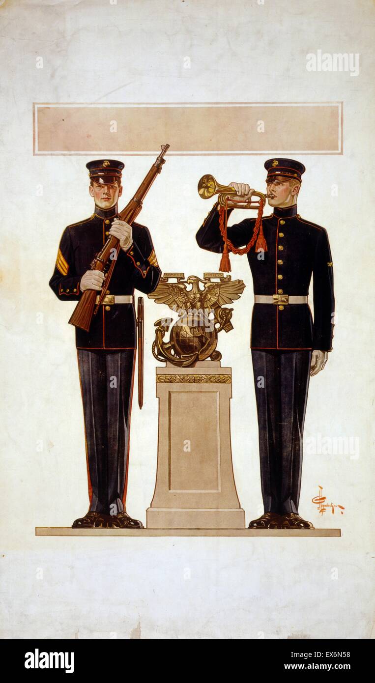Poster raffigurante due Marines vestito in uniforme. Uno dei soldati è in possesso di un fucile e l'altra è la holding bugle. Da Joseph Christian Leyendecker (1874-1951) preminente American Illustrator. Datata 1917 Foto Stock