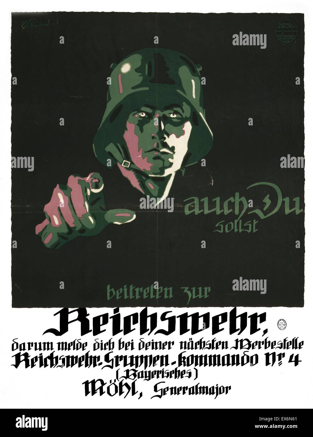 La propaganda tedesca poster incoraggiando l'arruolamento di la Reichswehr accreditato a Oscar Consée Kunstanstalt. Datata 1919 Foto Stock