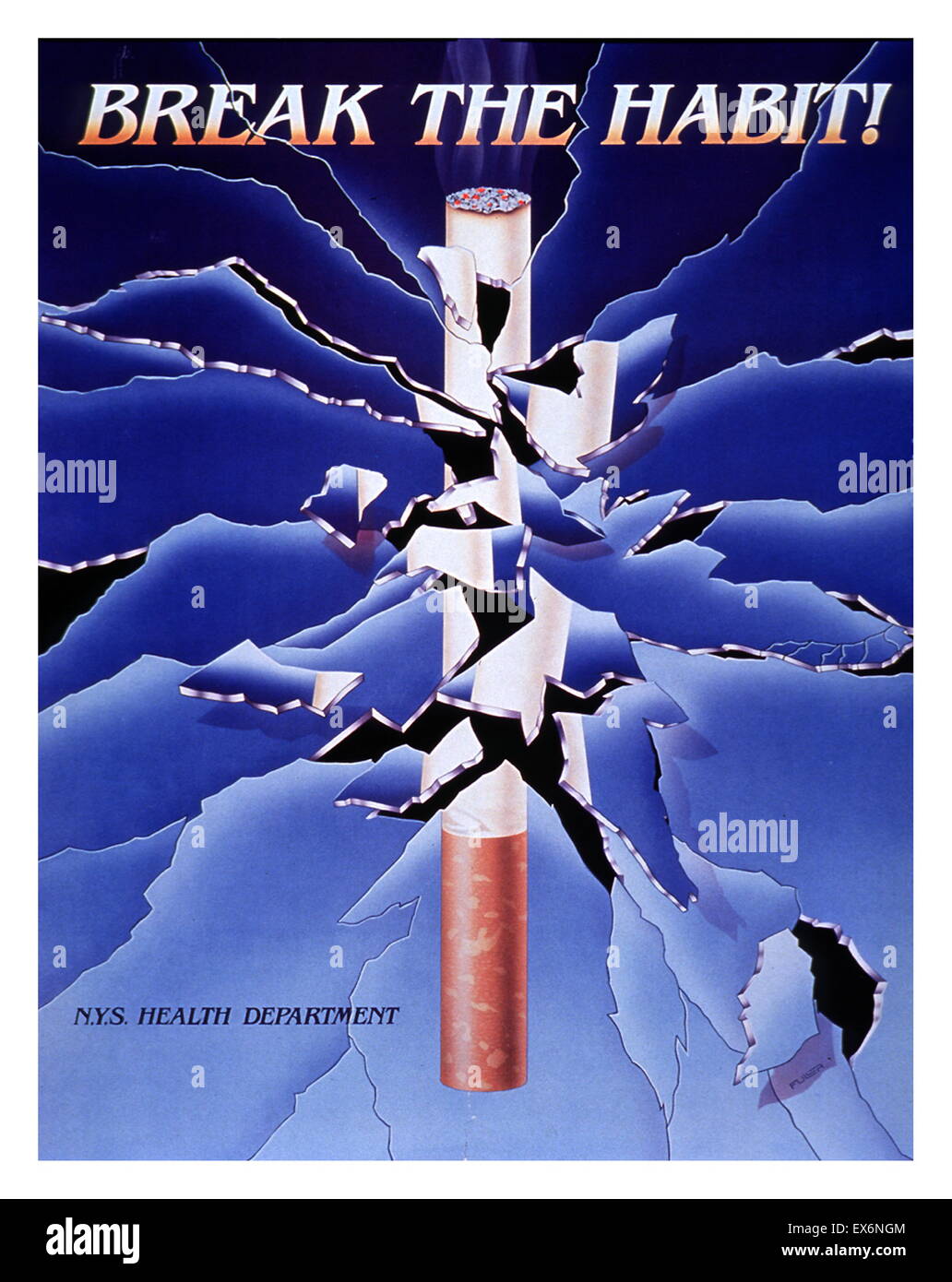 Rompere l'abitudine! 1989 New York Dipartimento di Stato della Salute la salute pubblica poster per fermare il fumo di sigaretta Foto Stock